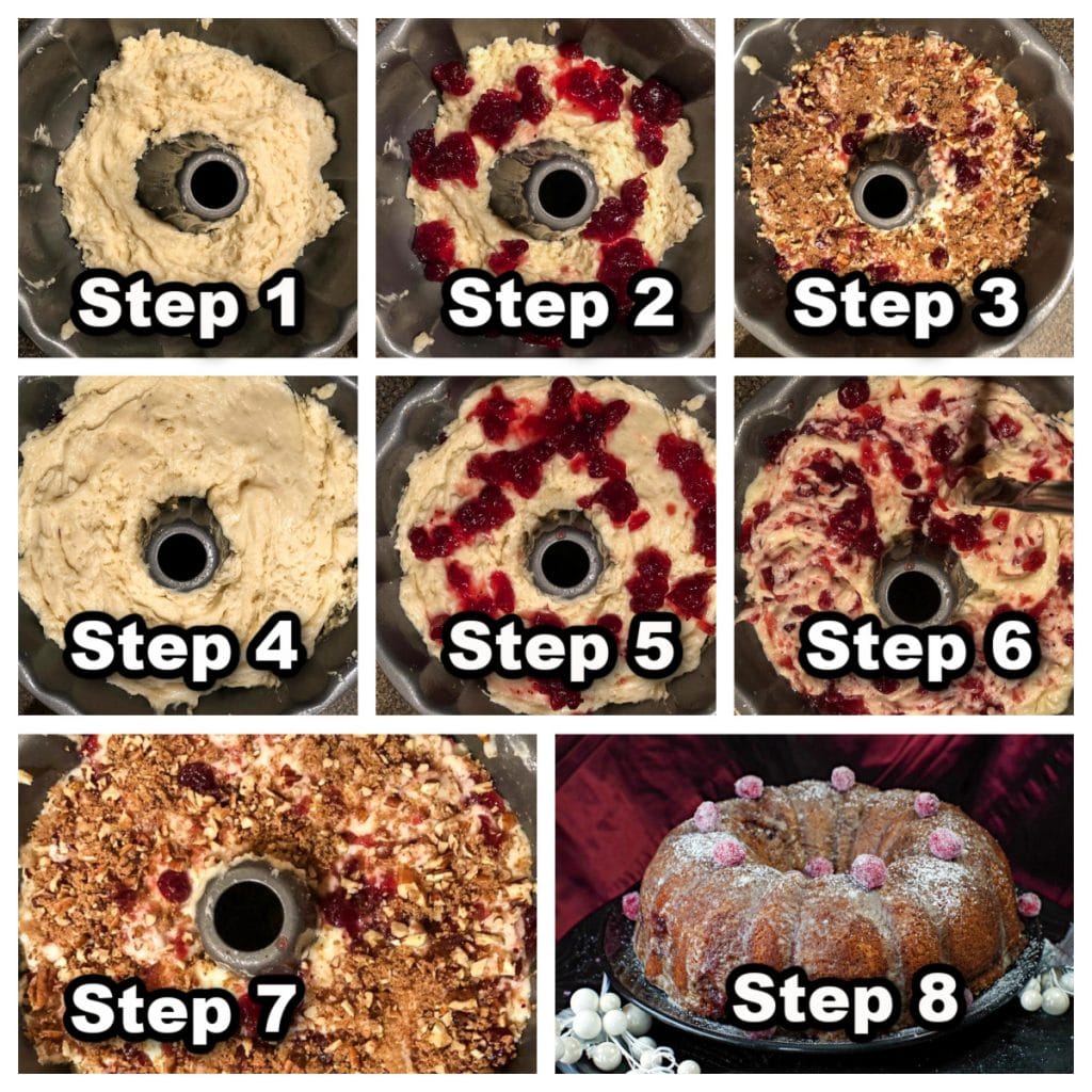 collage of 8 photos of how to make cranberry coffee cake
