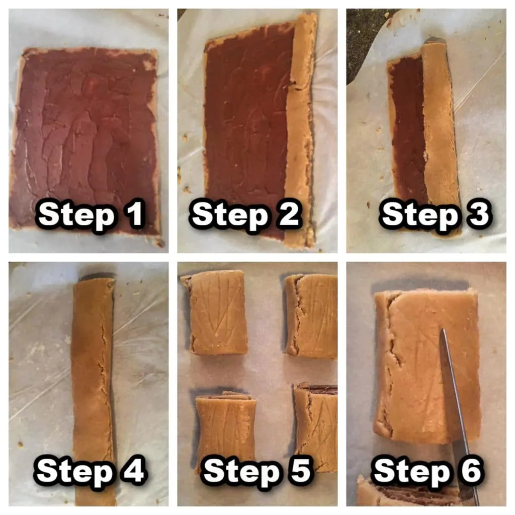 collage of 6 photos showing how to assemble gingerbread yule log cookies