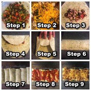 Collage of 9 photos showing steps for how to make leftover turkey enchiladas