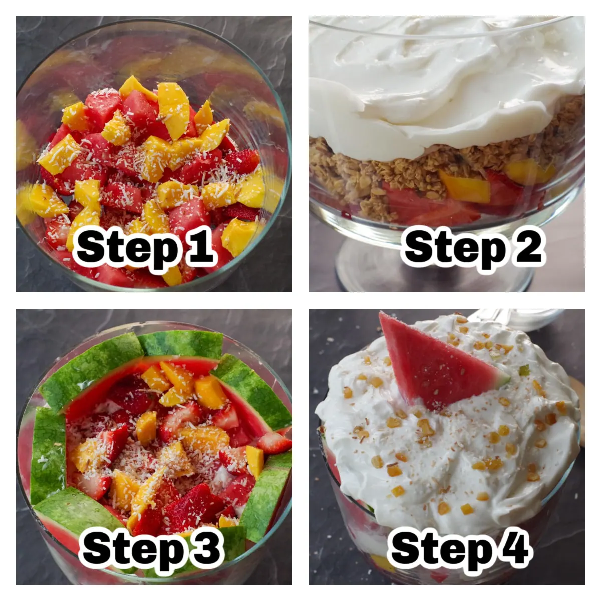 collage of 4 photos of instructions to make watermelon granola trifle