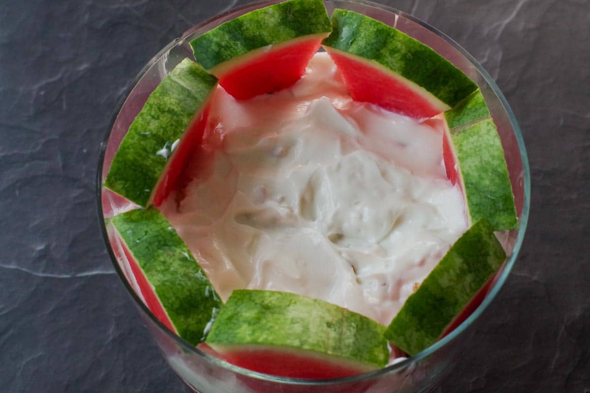 all 6 pieces of watermelon triangles added to trifle