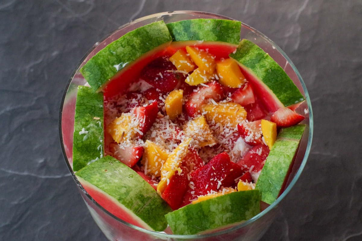 second layer of fruit added to watermelon granola trifle