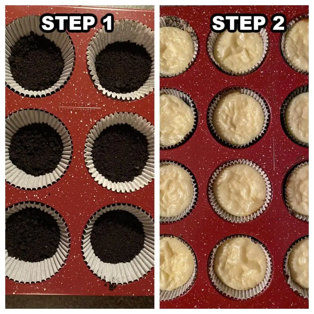 collage of 2 photos showing how to make mini cherry cheesecakes