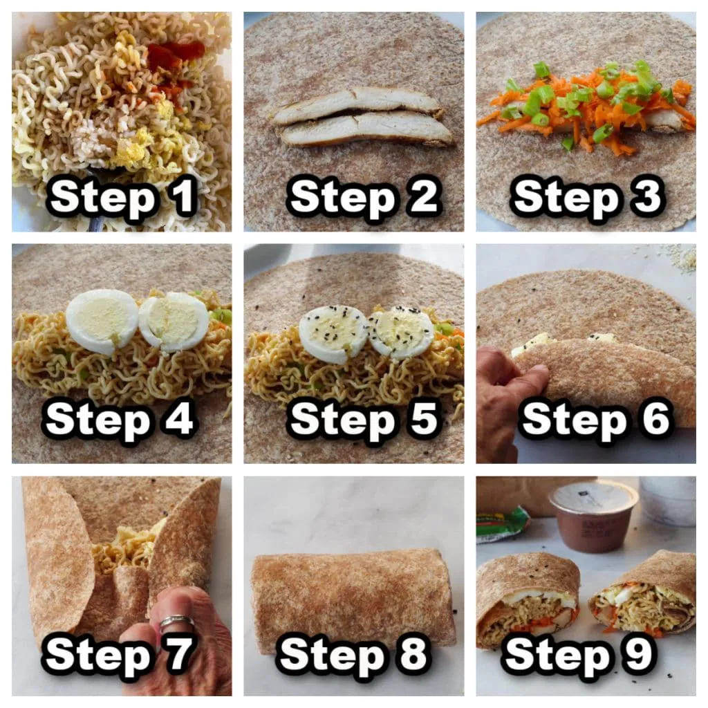 collage of 9 photos showing how to assemble a ramen wrap