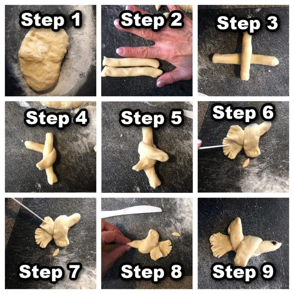 collage of 9 photos showing how to make Ukrainian bread doves