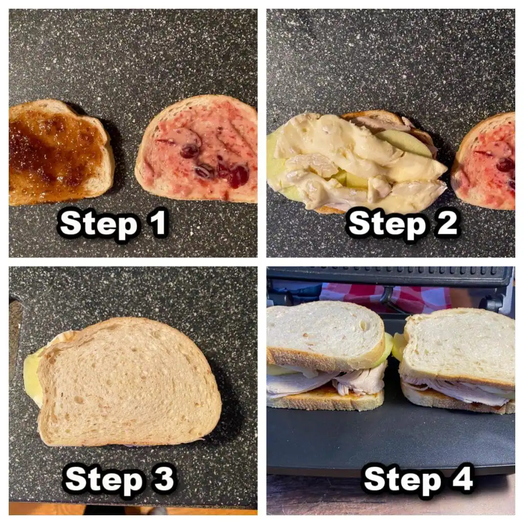 collage of 4 photos showing how to make a turkey panini