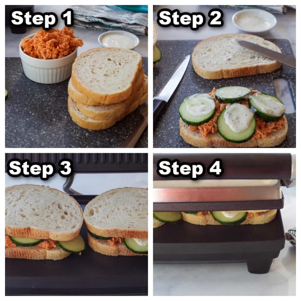collage of 4 photos showing how to make a buffalo chicken sandwich