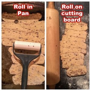 collage of 2 photos showing how to roll out cinnamon roll lasagna in pan or on cutting board