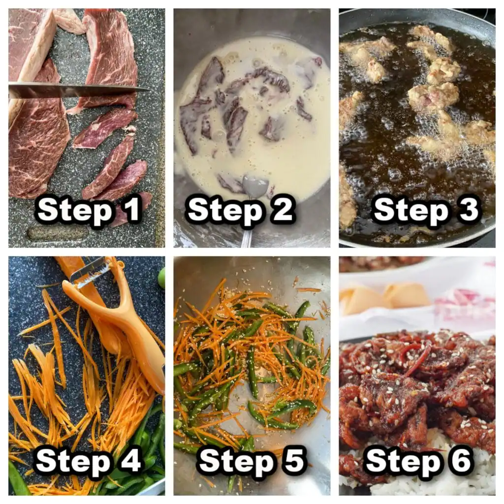collage of 6 photos showing how to make ginger beef