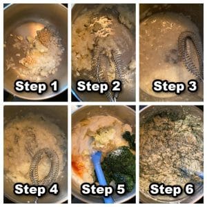 6 photo collage of steps for making spinach artichoke dip