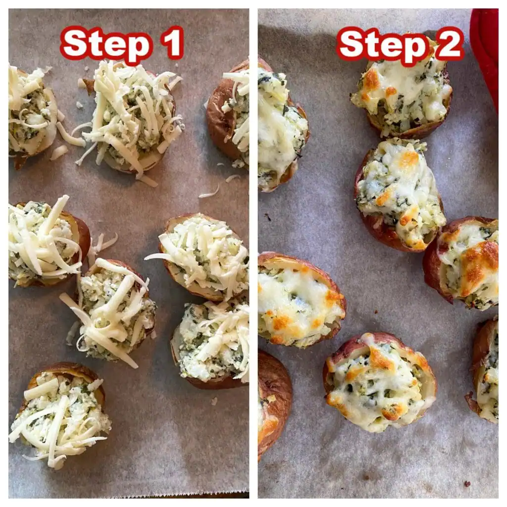collage of 2 photos of how to make stuffed potatoes with leftover spinach artichoke dip