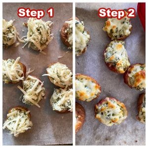 collage of 2 photos of how to make stuffed potatoes with leftover spinach artichoke dip