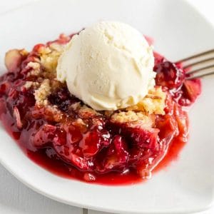 rhubarb crumble in a white bowl, with a fork and ice cream on top