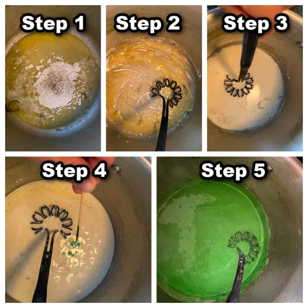 collage of 4 photos showing how to make Frankenstein Fettucine Alfredo Sauce