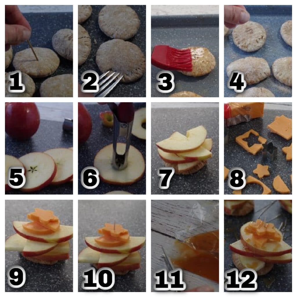 collage of 12 photos showing how to make caramel apple pie and cheddar bites