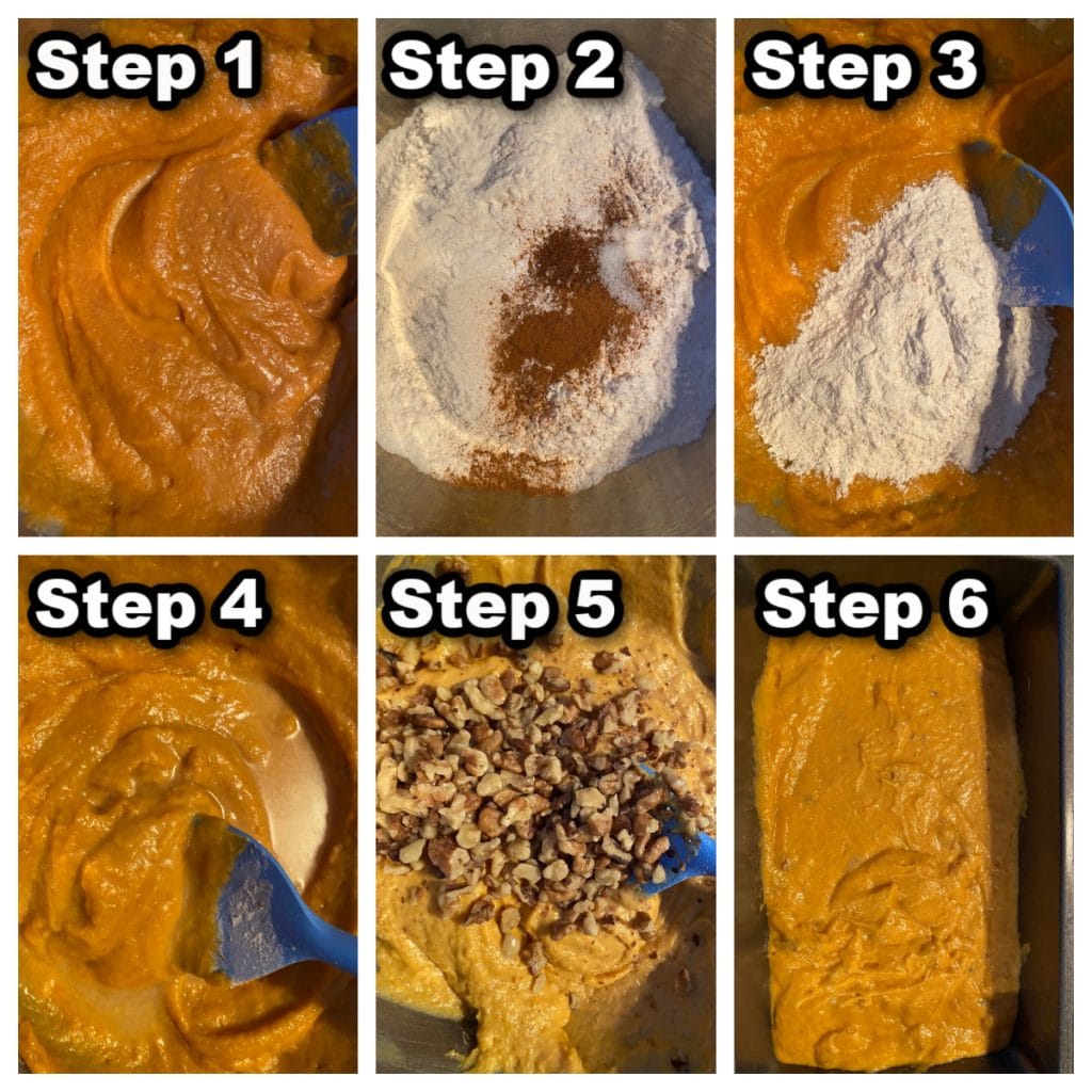 collage of 6 steps showing how to make dairy-free pumpkin bread