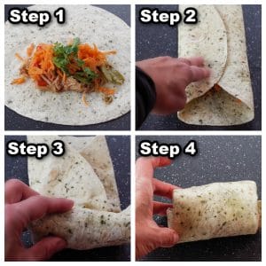 collage of 4 photos showing how to make healthy turkey wraps