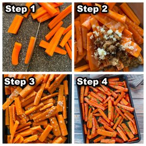 collage of 4 photos showing how to make roasted carrots with brown sugar (the healthy way)
