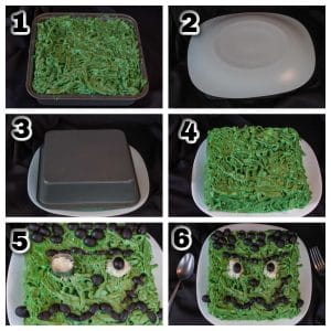 collage of 6 photos showing how to make Frankenstein Fettuccine
