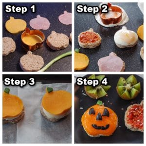 collage of 4 photos showing how to make Halloween Pizza Breakfast Sandwich