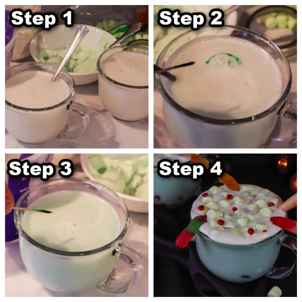 collage of 4 photos of instructions on how to make Halloween Hot chocolate