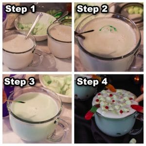 collage of 4 photos of instructions on how to make Halloween Hot chocolate