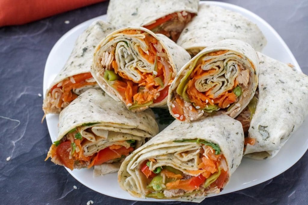 leftover turkey wraps, sliced and piled on a serving plate