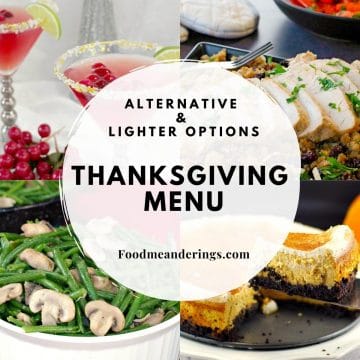 Collage of 4 photos of Thanksgiving recipes with black text on a white circle in the middle