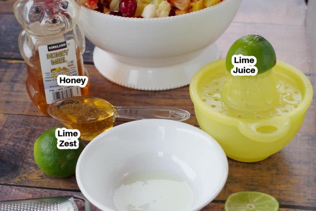 ingredients for old fashioned fruit salad dressing, labelled