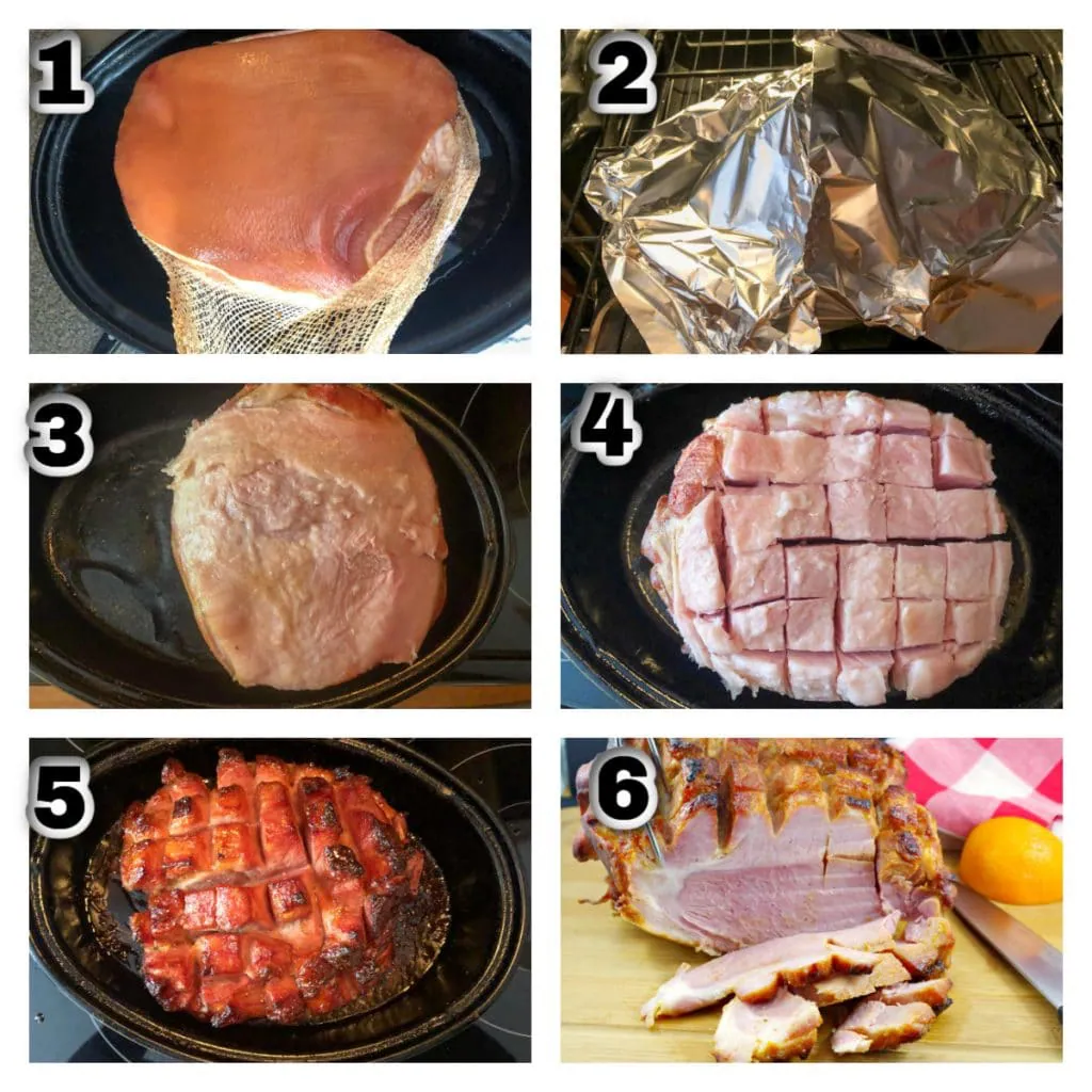 Collage of 6 images showing how to cook a picnic ham