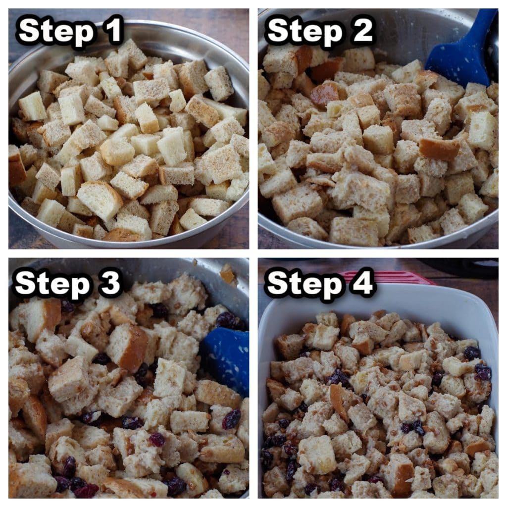 collage of 4 photos showing how to make cranberry bread pudding