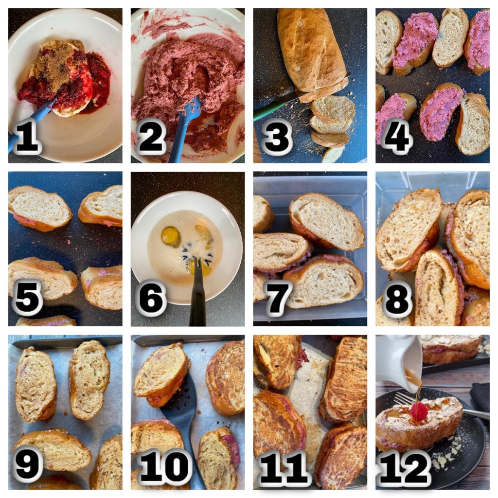 collage of 12 photos showing how to make French Toast Breakfast Sandwiches