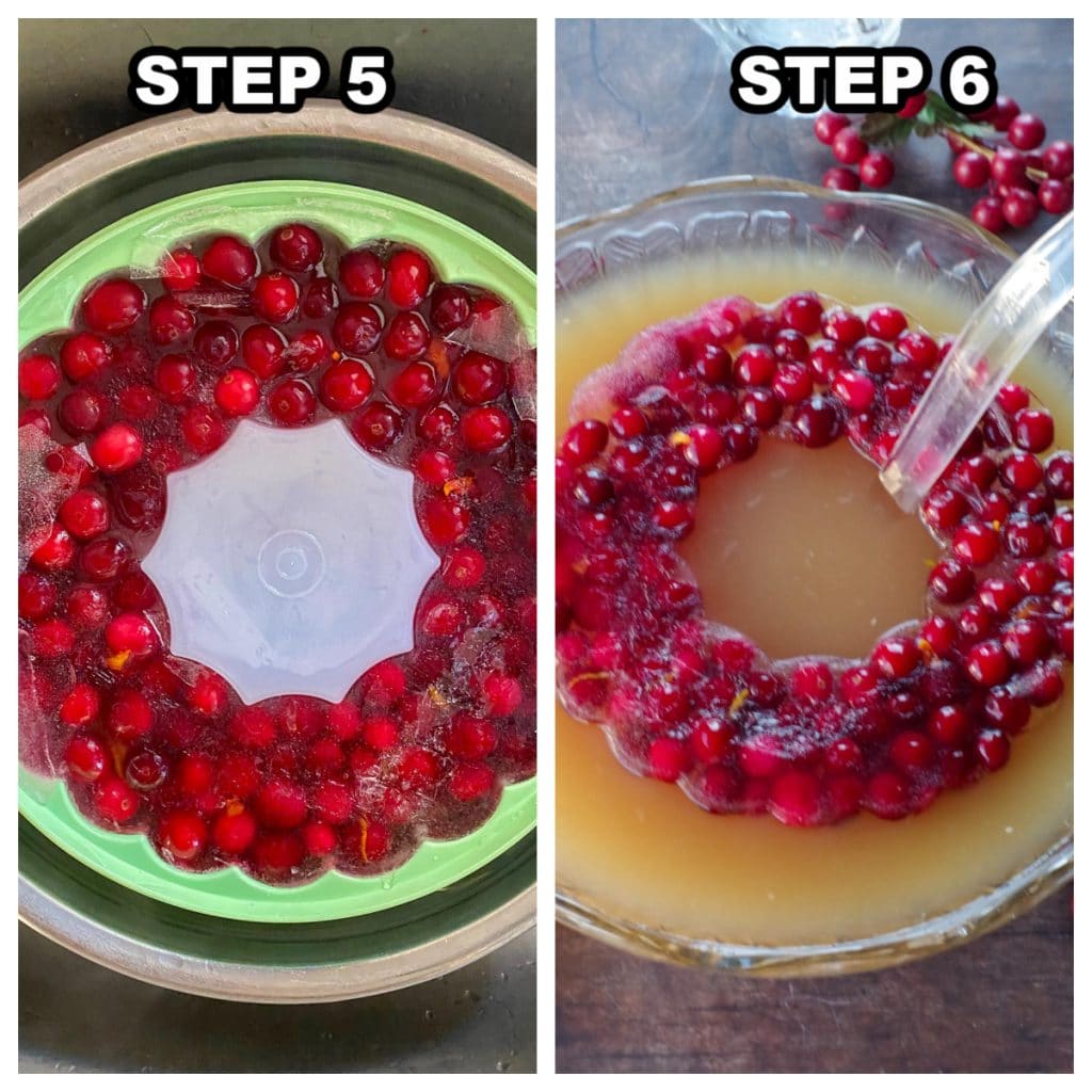 collage of 2 photos showing how to make an ice ring for punch