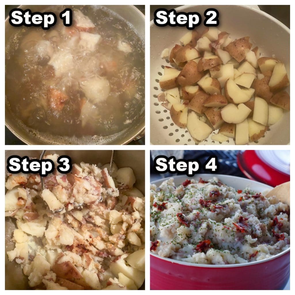 collage of 4 photos showing how to make chipotle mashed potatoes