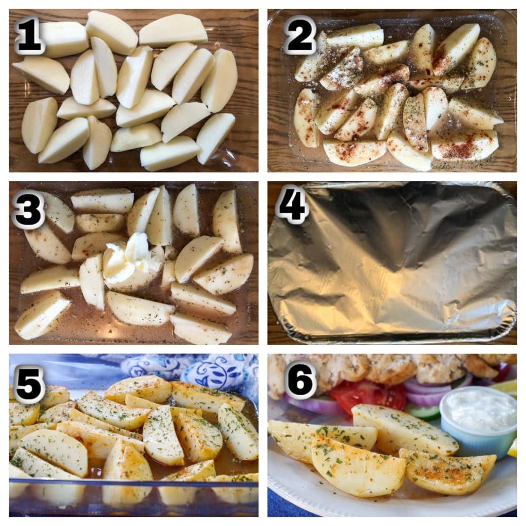 Collage of 6 photos showing how to make Greek Style Potatoes