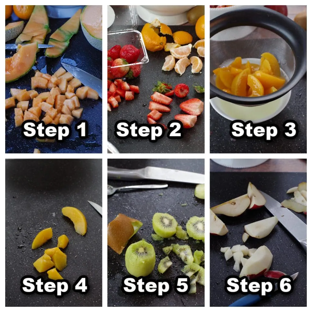 collage of 6 photos showing how to make classic fruit salad