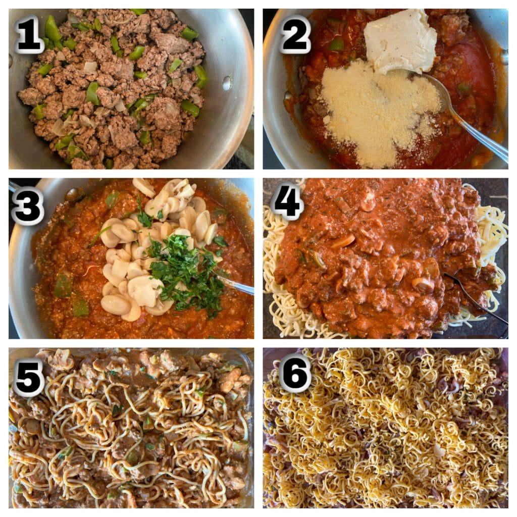 collage of 6 photos showing how to make Healthy Million Dollar Spaghetti Casserole