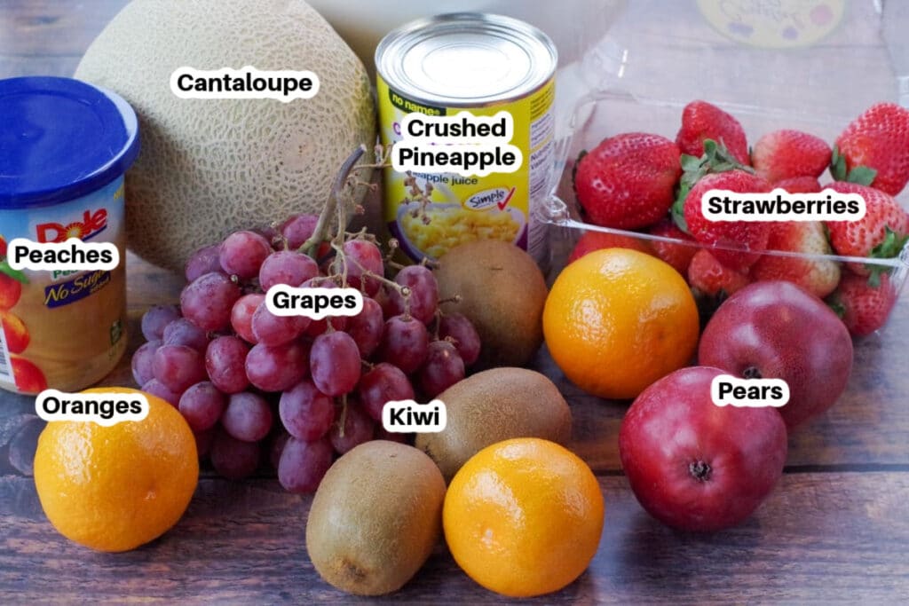 fruit (ingredients) in old fashioned fruit salad, labelled