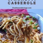 pinterest pin with brown text on blue background at top and photo of Million Dollar Spaghetti Casserole