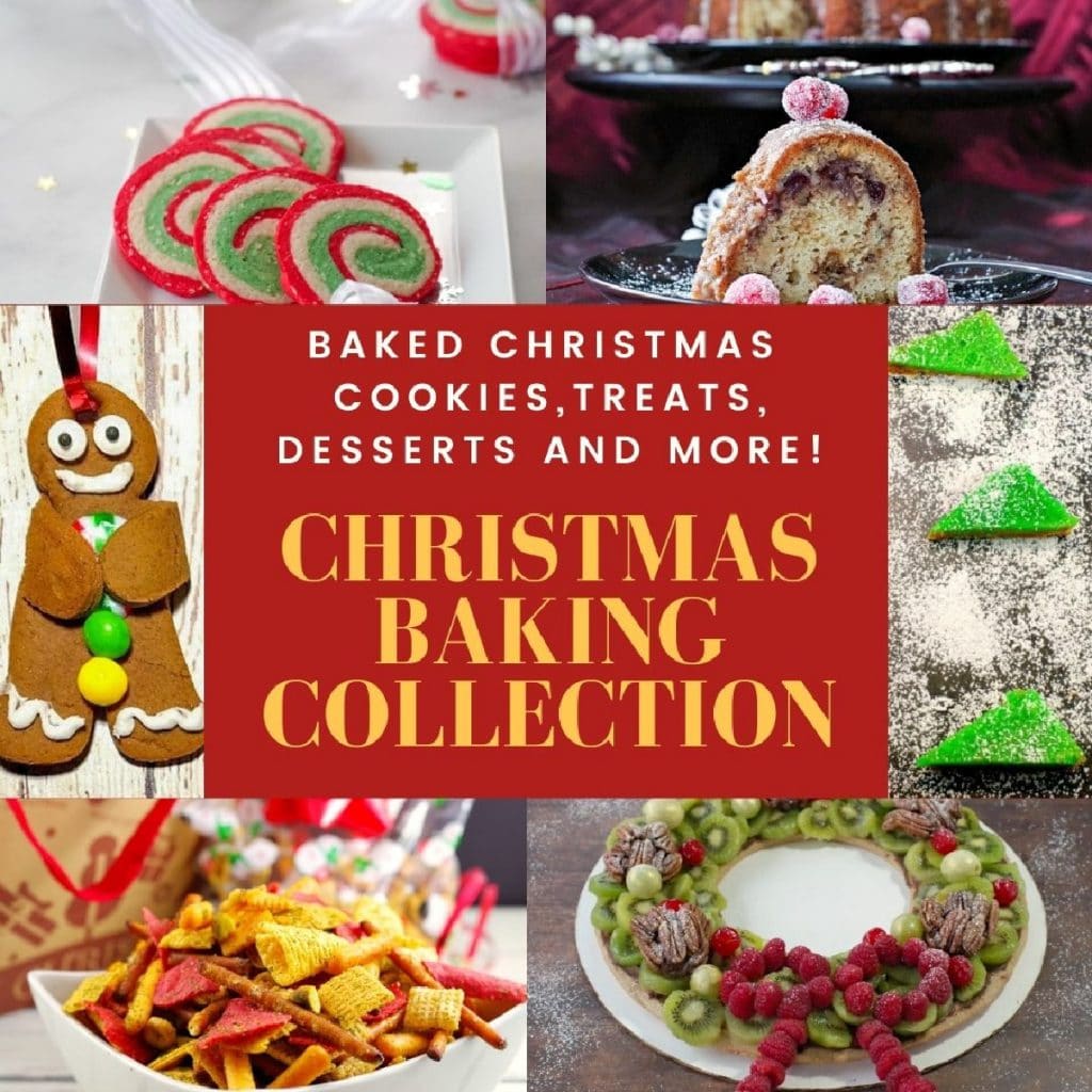 collage of 6 photos of baking recipes for Christmas with text in the middle