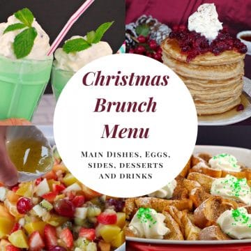 collage of 4 photos of Christmas brunch recipes with a white circle in the middle with red text