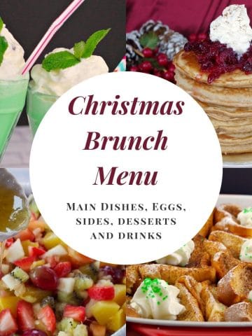 collage of 4 photos of Christmas brunch recipes with a white circle in the middle with red text