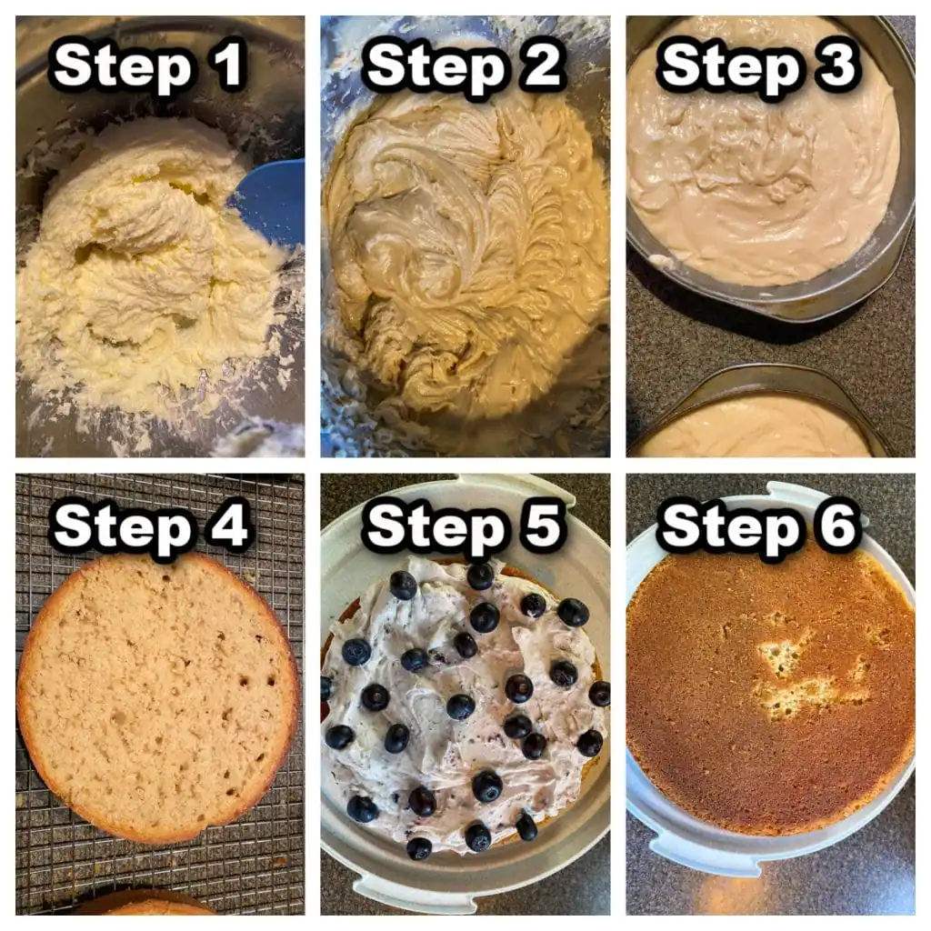 Collage of 6 photos showing how to make cake with coffee