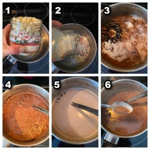 collage of 6 photos showing how to make candy cane hot chocolate