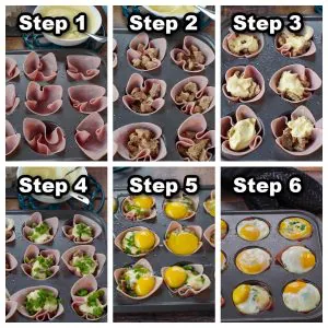 collage of 6 photos of how to make healthy eggs benedict