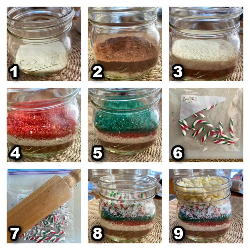 Collage of 9 photos showing how to make hot chocolate in a jar