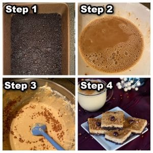 collage of 4 photos of Mocha Eggnog Cheesecake Bars