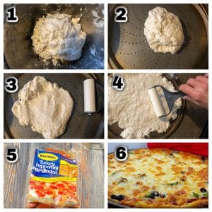 collage of 6 photos showing how to make WW 2 ingredient pizza dough