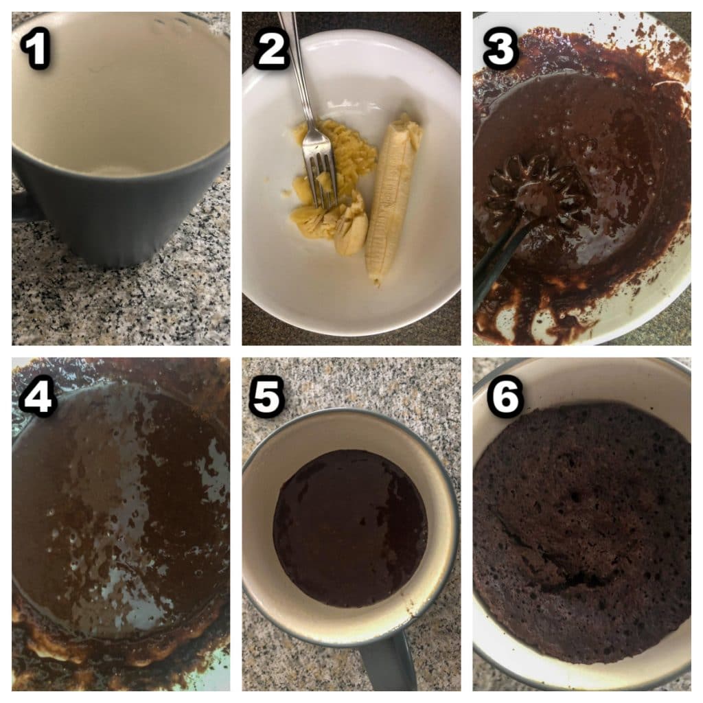 Collage of 6 photos showing how to make Healthy Microwave Chocolate Mug Cake