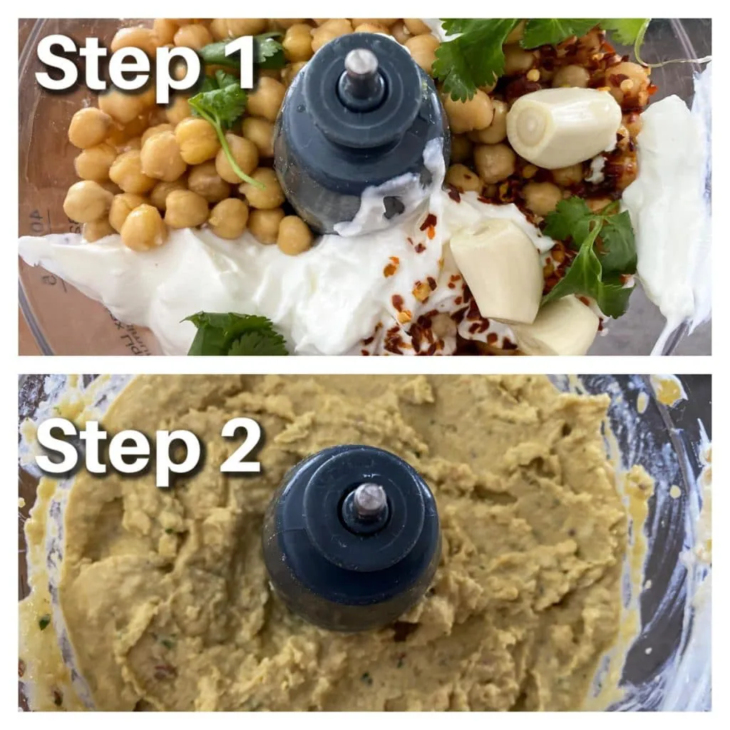 collage of 2 photos showing how to make yogurt hummus
